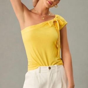 Anthropologie Maeve One Shoulder Bow Tee Knit Sunny Yellow Top M NEW $68